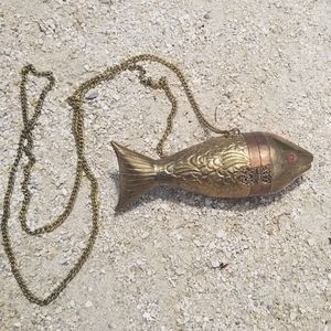 Unusual and Rare Vintage Brass and Copper Fish-Shaped Mini Purse on Chain